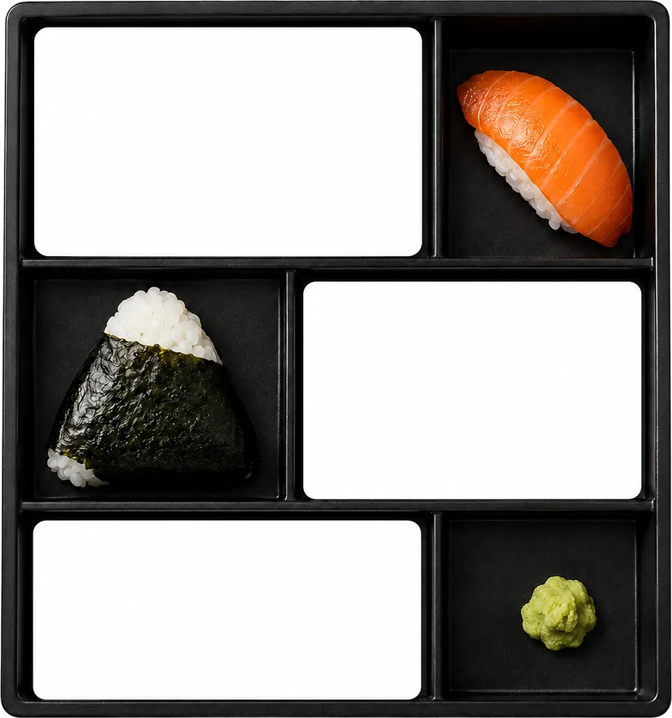 A bento box with startup domain name cards alongside sushi, wasabi, and onigiri